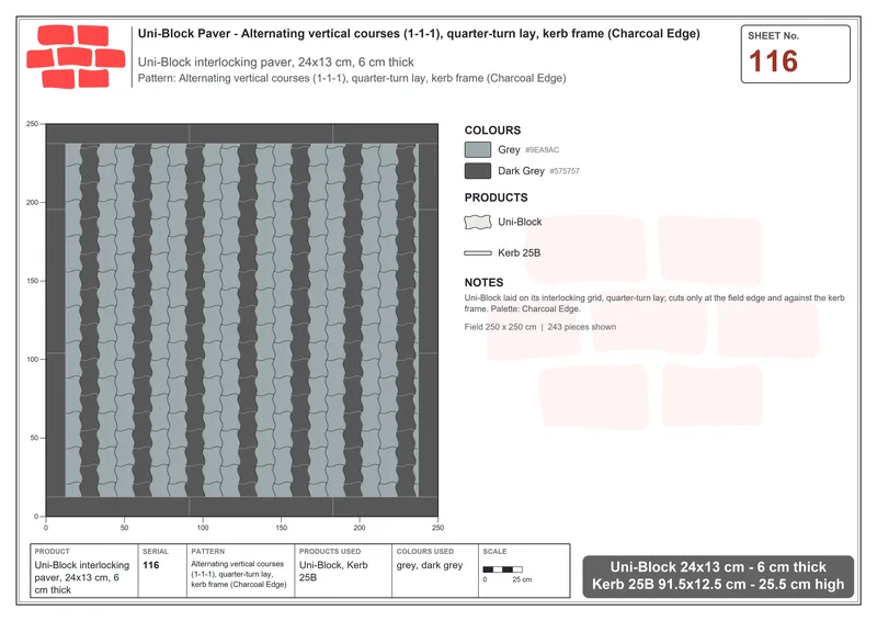 Interlock (Pasco) 24x13 cm · UNI-116 · Alternating vertical courses (1-1-1), quarter-turn lay, kerb frame (Charcoal Edge) · Laying plan