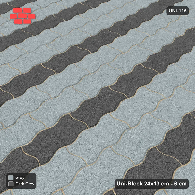 Interlock (Pasco) 24x13 cm · UNI-116 · Alternating vertical courses (1-1-1), quarter-turn lay, kerb frame (Charcoal Edge) · Side view Interlock (Pasco) 24x13 cm · UNI-116 · Alternating vertical courses (1-1-1), quarter-turn lay, kerb frame (Charcoal Edge) · Side view