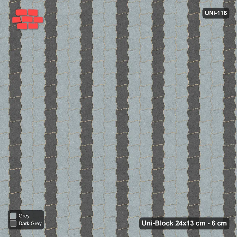 Interlock (Pasco) 24x13 cm · UNI-116 · Alternating vertical courses (1-1-1), quarter-turn lay, kerb frame (Charcoal Edge) · Top view Interlock (Pasco) 24x13 cm · UNI-116 · Alternating vertical courses (1-1-1), quarter-turn lay, kerb frame (Charcoal Edge) · Top view