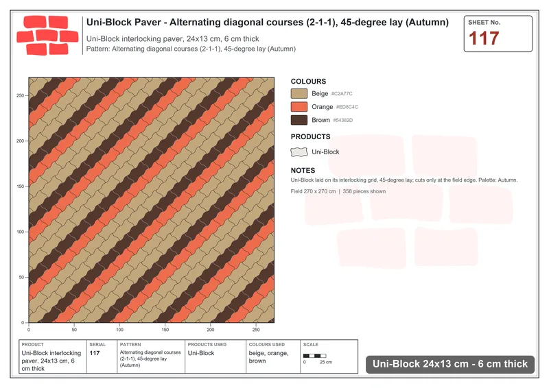 Interlock (Pasco) 24x13 cm · UNI-117 · Alternating diagonal courses (2-1-1), 45-degree lay (Autumn) · Laying plan