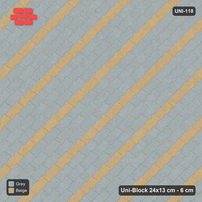 Interlock (Pasco) 24x13 cm · UNI-118 · Alternating diagonal courses (1-1-1-1), 45-degree lay, kerb frame (Warm Grey) · Top view Interlock (Pasco) 24x13 cm · UNI-118 · Alternating diagonal courses (1-1-1-1), 45-degree lay, kerb frame (Warm Grey) · Top view