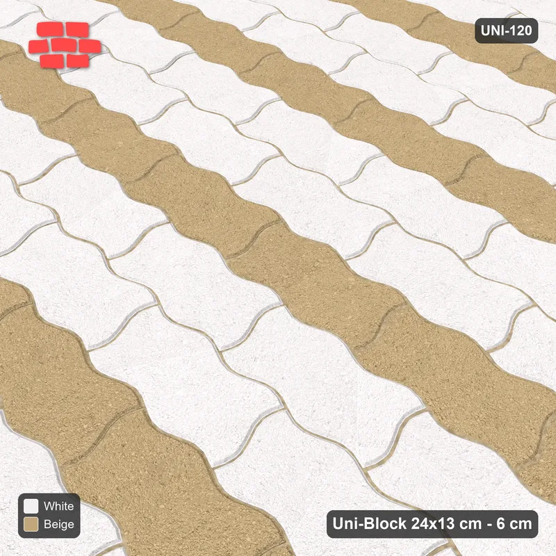 Interlock (Pasco) 24x13 cm · UNI-120 · Alternating horizontal courses (2-1), straight lay, kerb frame (Ivory & Sand) · Side view Interlock (Pasco) 24x13 cm · UNI-120 · Alternating horizontal courses (2-1), straight lay, kerb frame (Ivory & Sand) · Side view