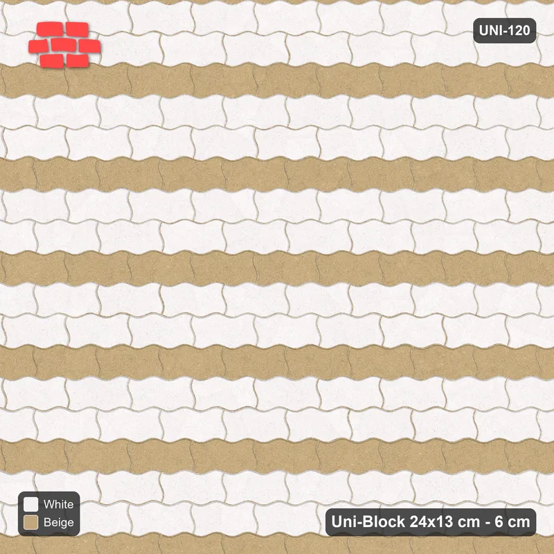 Interlock (Pasco) 24x13 cm · UNI-120 · Alternating horizontal courses (2-1), straight lay, kerb frame (Ivory & Sand) · Top view Interlock (Pasco) 24x13 cm · UNI-120 · Alternating horizontal courses (2-1), straight lay, kerb frame (Ivory & Sand) · Top view