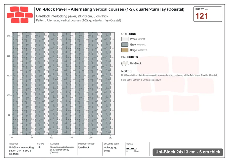 Interlock (Pasco) 24x13 cm · UNI-121 · Alternating vertical courses (1-2), quarter-turn lay (Coastal) · Laying plan