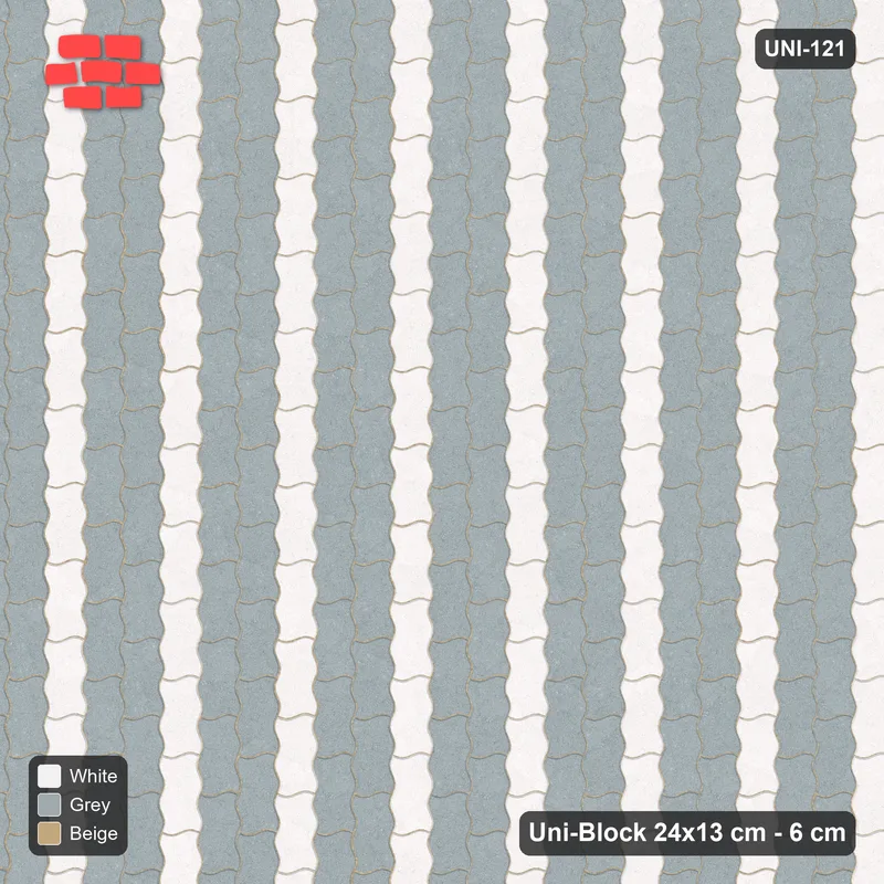 Interlock (Pasco) 24x13 cm · UNI-121 · Alternating vertical courses (1-2), quarter-turn lay (Coastal) · Top view Interlock (Pasco) 24x13 cm · UNI-121 · Alternating vertical courses (1-2), quarter-turn lay (Coastal) · Top view