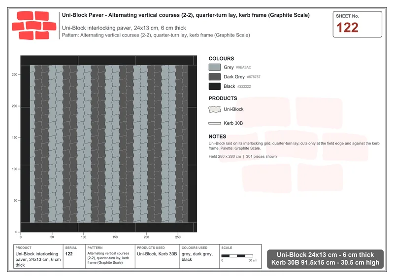 Interlock (Pasco) 24x13 cm · UNI-122 · Alternating vertical courses (2-2), quarter-turn lay, kerb frame (Graphite Scale) · Laying plan