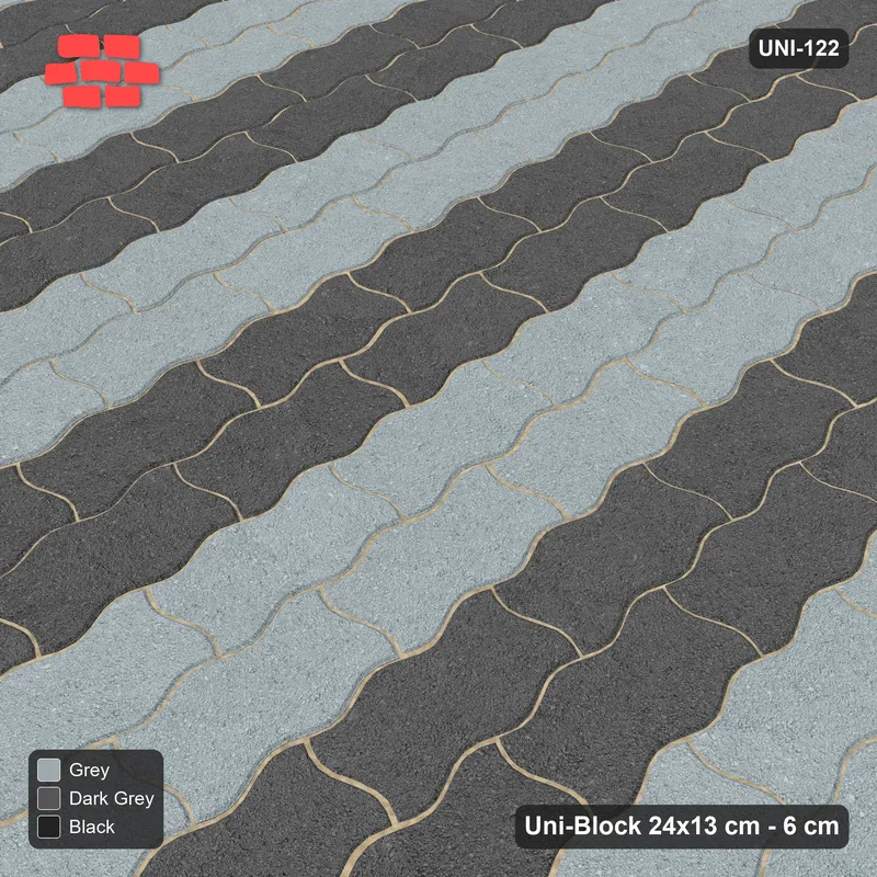 Interlock (Pasco) 24x13 cm · UNI-122 · Alternating vertical courses (2-2), quarter-turn lay, kerb frame (Graphite Scale) · Side view Interlock (Pasco) 24x13 cm · UNI-122 · Alternating vertical courses (2-2), quarter-turn lay, kerb frame (Graphite Scale) · Side view
