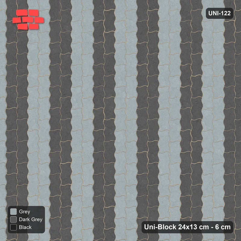 Interlock (Pasco) 24x13 cm · UNI-122 · Alternating vertical courses (2-2), quarter-turn lay, kerb frame (Graphite Scale) · Top view Interlock (Pasco) 24x13 cm · UNI-122 · Alternating vertical courses (2-2), quarter-turn lay, kerb frame (Graphite Scale) · Top view