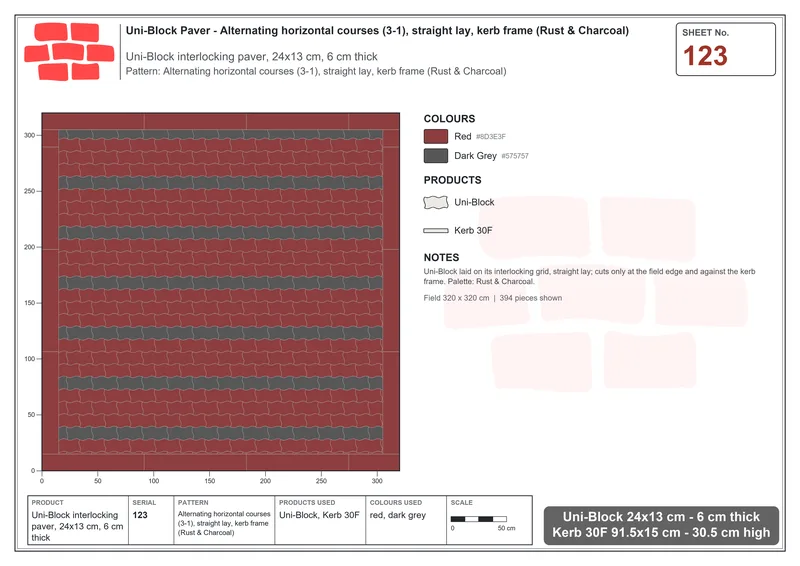 Interlock (Pasco) 24x13 cm · UNI-123 · Alternating horizontal courses (3-1), straight lay, kerb frame (Rust & Charcoal) · Laying plan