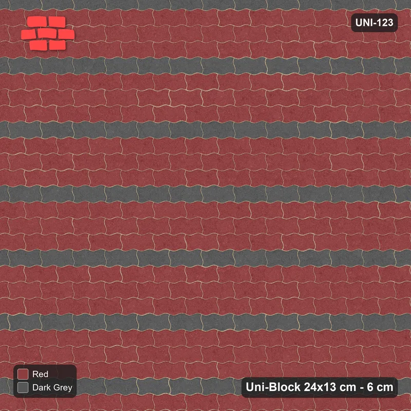 Interlock (Pasco) 24x13 cm · UNI-123 · Alternating horizontal courses (3-1), straight lay, kerb frame (Rust & Charcoal) · Top view Interlock (Pasco) 24x13 cm · UNI-123 · Alternating horizontal courses (3-1), straight lay, kerb frame (Rust & Charcoal) · Top view