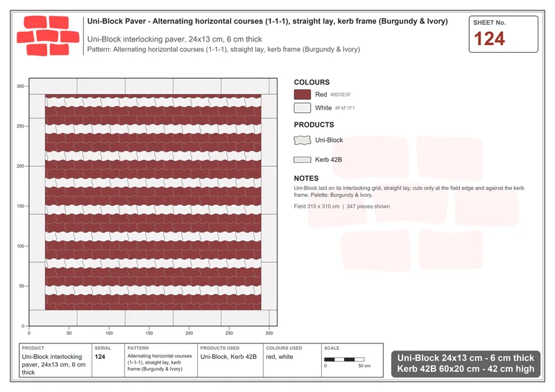Interlock (Pasco) 24x13 cm · UNI-124 · Alternating horizontal courses (1-1-1), straight lay, kerb frame (Burgundy & Ivory) · Laying plan