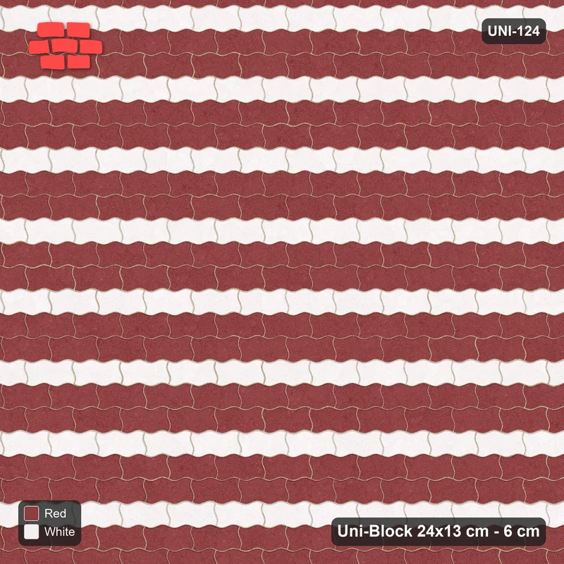 Interlock (Pasco) 24x13 cm · UNI-124 · Alternating horizontal courses (1-1-1), straight lay, kerb frame (Burgundy & Ivory) · Top view Interlock (Pasco) 24x13 cm · UNI-124 · Alternating horizontal courses (1-1-1), straight lay, kerb frame (Burgundy & Ivory) · Top view