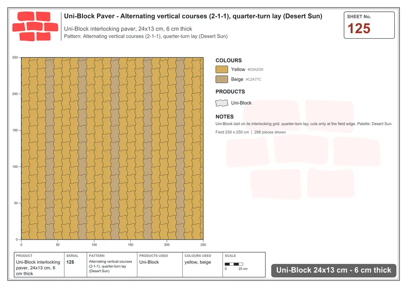 Interlock (Pasco) 24x13 cm · UNI-125 · Alternating vertical courses (2-1-1), quarter-turn lay (Desert Sun) · Laying plan