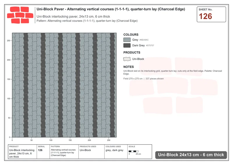 Interlock (Pasco) 24x13 cm · UNI-126 · Alternating vertical courses (1-1-1-1), quarter-turn lay (Charcoal Edge) · Laying plan