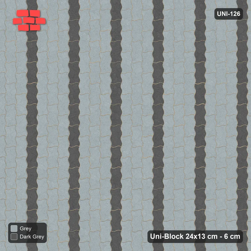 Interlock (Pasco) 24x13 cm · UNI-126 · Alternating vertical courses (1-1-1-1), quarter-turn lay (Charcoal Edge) · Top view Interlock (Pasco) 24x13 cm · UNI-126 · Alternating vertical courses (1-1-1-1), quarter-turn lay (Charcoal Edge) · Top view