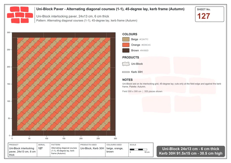 Interlock (Pasco) 24x13 cm · UNI-127 · Alternating diagonal courses (1-1), 45-degree lay, kerb frame (Autumn) · Laying plan