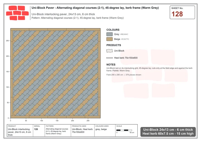 Interlock (Pasco) 24x13 cm · UNI-128 · Alternating diagonal courses (2-1), 45-degree lay, kerb frame (Warm Grey) · Laying plan