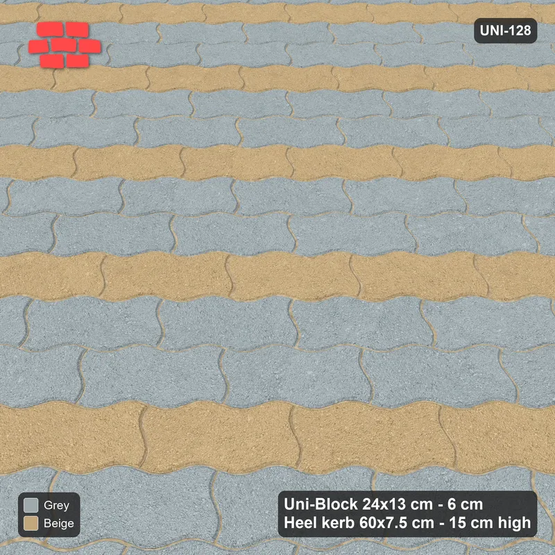 Interlock (Pasco) 24x13 cm · UNI-128 · Alternating diagonal courses (2-1), 45-degree lay, kerb frame (Warm Grey) · Side view Interlock (Pasco) 24x13 cm · UNI-128 · Alternating diagonal courses (2-1), 45-degree lay, kerb frame (Warm Grey) · Side view
