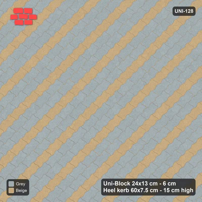 Interlock (Pasco) 24x13 cm · UNI-128 · Alternating diagonal courses (2-1), 45-degree lay, kerb frame (Warm Grey) · Top view Interlock (Pasco) 24x13 cm · UNI-128 · Alternating diagonal courses (2-1), 45-degree lay, kerb frame (Warm Grey) · Top view