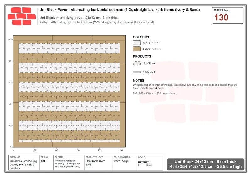 Interlock (Pasco) 24x13 cm · UNI-130 · Alternating horizontal courses (2-2), straight lay, kerb frame (Ivory & Sand) · Laying plan