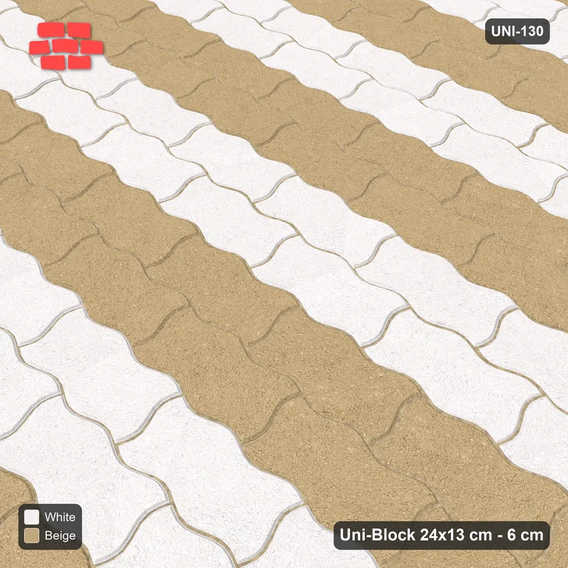 Interlock (Pasco) 24x13 cm · UNI-130 · Alternating horizontal courses (2-2), straight lay, kerb frame (Ivory & Sand) · Side view Interlock (Pasco) 24x13 cm · UNI-130 · Alternating horizontal courses (2-2), straight lay, kerb frame (Ivory & Sand) · Side view