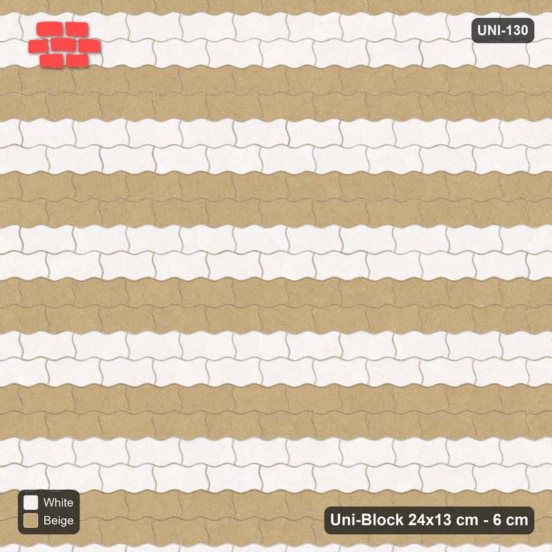 Interlock (Pasco) 24x13 cm · UNI-130 · Alternating horizontal courses (2-2), straight lay, kerb frame (Ivory & Sand) · Top view Interlock (Pasco) 24x13 cm · UNI-130 · Alternating horizontal courses (2-2), straight lay, kerb frame (Ivory & Sand) · Top view