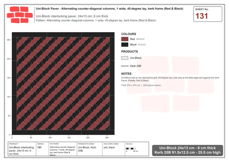 Interlock (Pasco) 24x13 cm · UNI-131 · Alternating counter-diagonal columns, 1 wide, 45-degree lay, kerb frame (Red & Black) · Laying plan