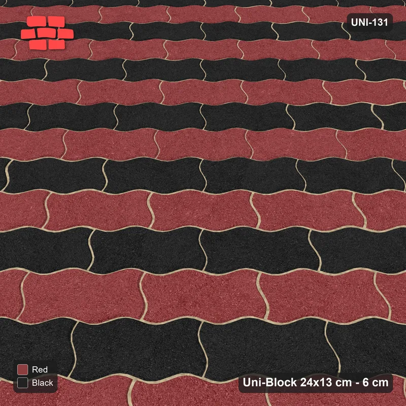 Interlock (Pasco) 24x13 cm · UNI-131 · Alternating counter-diagonal columns, 1 wide, 45-degree lay, kerb frame (Red & Black) · Side view Interlock (Pasco) 24x13 cm · UNI-131 · Alternating counter-diagonal columns, 1 wide, 45-degree lay, kerb frame (Red & Black) · Side view