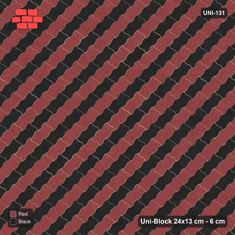 Interlock (Pasco) 24x13 cm · UNI-131 · Alternating counter-diagonal columns, 1 wide, 45-degree lay, kerb frame (Red & Black) · Top view Interlock (Pasco) 24x13 cm · UNI-131 · Alternating counter-diagonal columns, 1 wide, 45-degree lay, kerb frame (Red & Black) · Top view