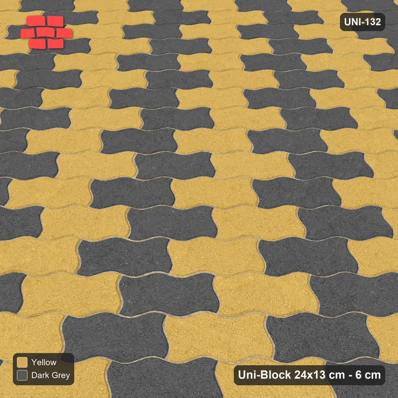 Interlock (Pasco) 24x13 cm · UNI-132 · Alternating counter-diagonal columns, 2 wide, 45-degree lay (Mustard Slate) · Side view Interlock (Pasco) 24x13 cm · UNI-132 · Alternating counter-diagonal columns, 2 wide, 45-degree lay (Mustard Slate) · Side view