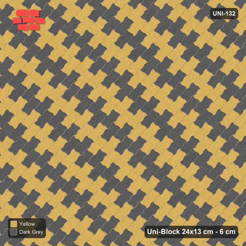 Interlock (Pasco) 24x13 cm · UNI-132 · Alternating counter-diagonal columns, 2 wide, 45-degree lay (Mustard Slate) · Top view Interlock (Pasco) 24x13 cm · UNI-132 · Alternating counter-diagonal columns, 2 wide, 45-degree lay (Mustard Slate) · Top view