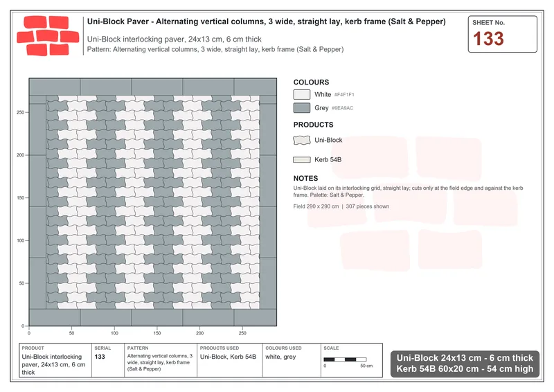 Interlock (Pasco) 24x13 cm · UNI-133 · Alternating vertical columns, 3 wide, straight lay, kerb frame (Salt & Pepper) · Laying plan