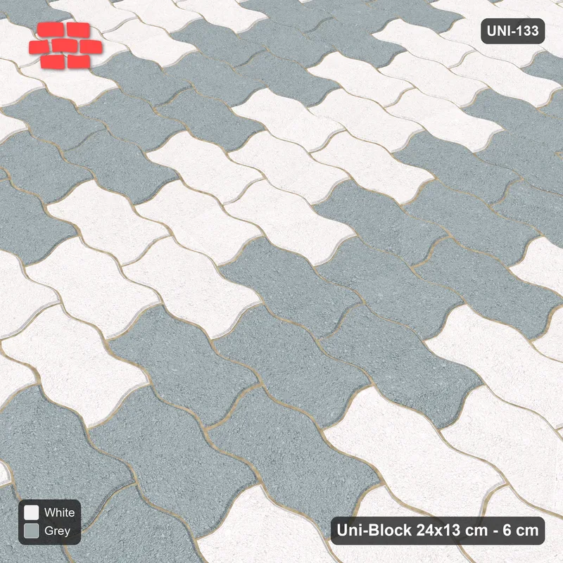 Interlock (Pasco) 24x13 cm · UNI-133 · Alternating vertical columns, 3 wide, straight lay, kerb frame (Salt & Pepper) · Side view Interlock (Pasco) 24x13 cm · UNI-133 · Alternating vertical columns, 3 wide, straight lay, kerb frame (Salt & Pepper) · Side view