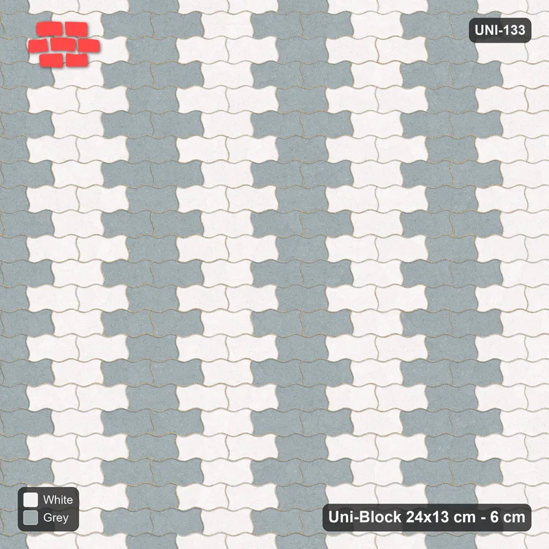 Interlock (Pasco) 24x13 cm · UNI-133 · Alternating vertical columns, 3 wide, straight lay, kerb frame (Salt & Pepper) · Top view Interlock (Pasco) 24x13 cm · UNI-133 · Alternating vertical columns, 3 wide, straight lay, kerb frame (Salt & Pepper) · Top view