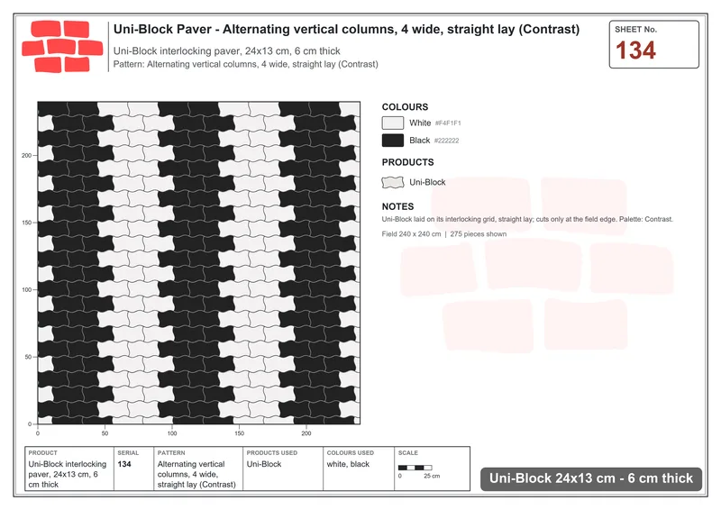Interlock (Pasco) 24x13 cm · UNI-134 · Alternating vertical columns, 4 wide, straight lay (Contrast) · Laying plan