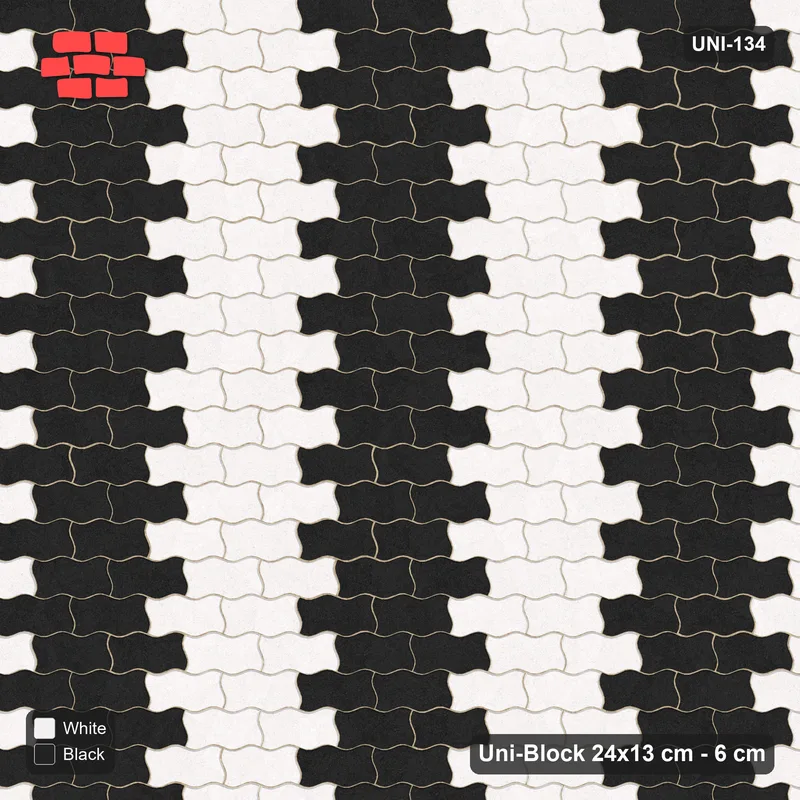 Interlock (Pasco) 24x13 cm · UNI-134 · Alternating vertical columns, 4 wide, straight lay (Contrast) · Top view Interlock (Pasco) 24x13 cm · UNI-134 · Alternating vertical columns, 4 wide, straight lay (Contrast) · Top view