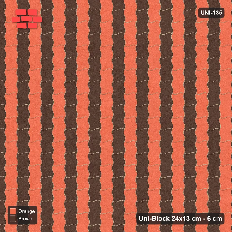 Interlock (Pasco) 24x13 cm · UNI-135 · Alternating horizontal columns, 1 wide, quarter-turn lay, kerb frame (Burnt Clay) · Top view Interlock (Pasco) 24x13 cm · UNI-135 · Alternating horizontal columns, 1 wide, quarter-turn lay, kerb frame (Burnt Clay) · Top view