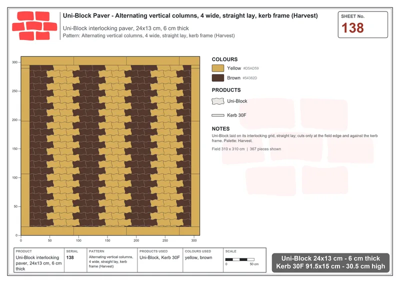 Interlock (Pasco) 24x13 cm · UNI-138 · Alternating vertical columns, 4 wide, straight lay, kerb frame (Harvest) · Laying plan