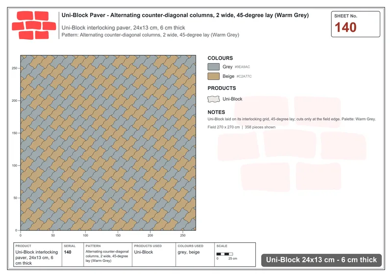 Interlock (Pasco) 24x13 cm · UNI-140 · Alternating counter-diagonal columns, 2 wide, 45-degree lay (Warm Grey) · Laying plan