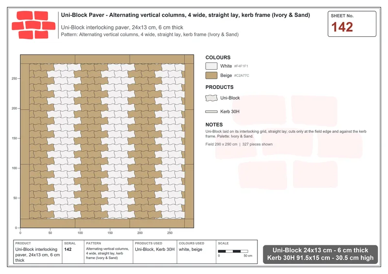 Interlock (Pasco) 24x13 cm · UNI-142 · Alternating vertical columns, 4 wide, straight lay, kerb frame (Ivory & Sand) · Laying plan