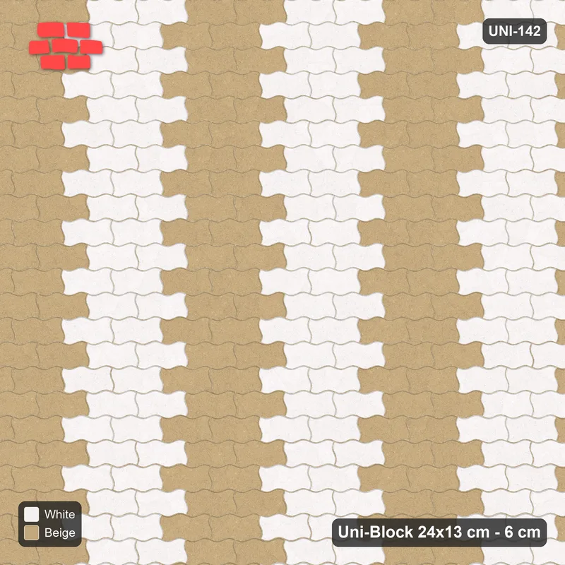 Interlock (Pasco) 24x13 cm · UNI-142 · Alternating vertical columns, 4 wide, straight lay, kerb frame (Ivory & Sand) · Top view Interlock (Pasco) 24x13 cm · UNI-142 · Alternating vertical columns, 4 wide, straight lay, kerb frame (Ivory & Sand) · Top view