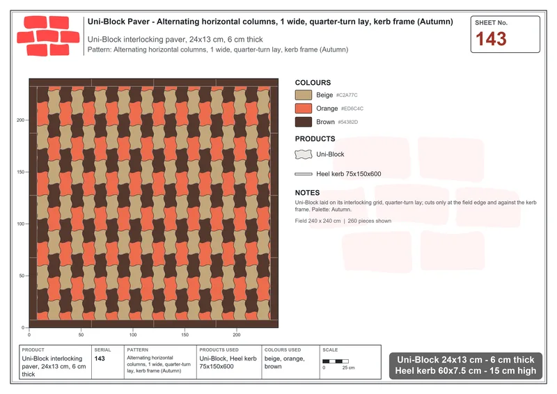 Interlock (Pasco) 24x13 cm · UNI-143 · Alternating horizontal columns, 1 wide, quarter-turn lay, kerb frame (Autumn) · Laying plan