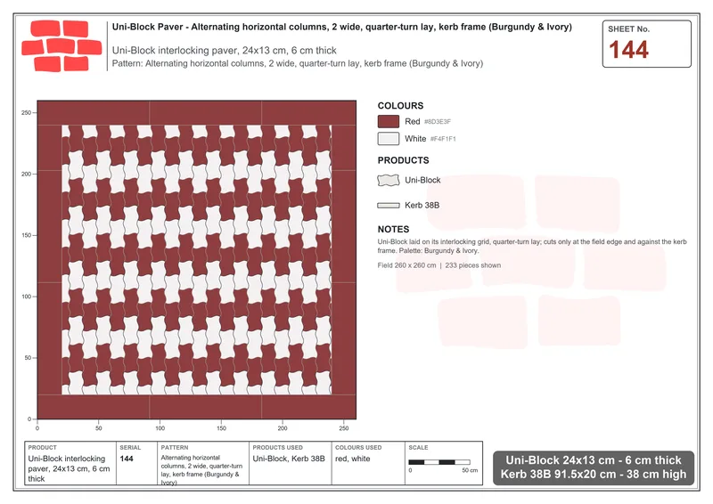 Interlock (Pasco) 24x13 cm · UNI-144 · Alternating horizontal columns, 2 wide, quarter-turn lay, kerb frame (Burgundy & Ivory) · Laying plan