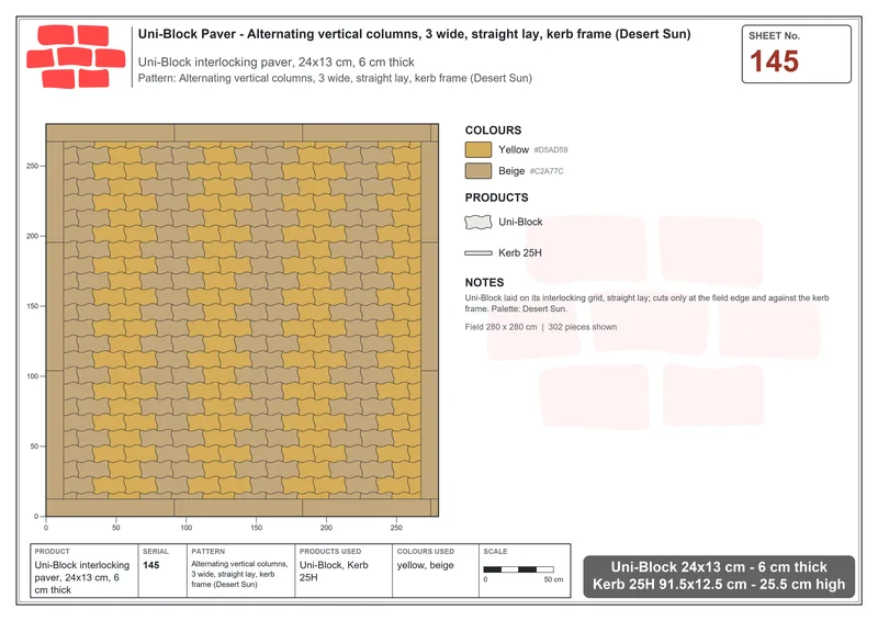 Interlock (Pasco) 24x13 cm · UNI-145 · Alternating vertical columns, 3 wide, straight lay, kerb frame (Desert Sun) · Laying plan