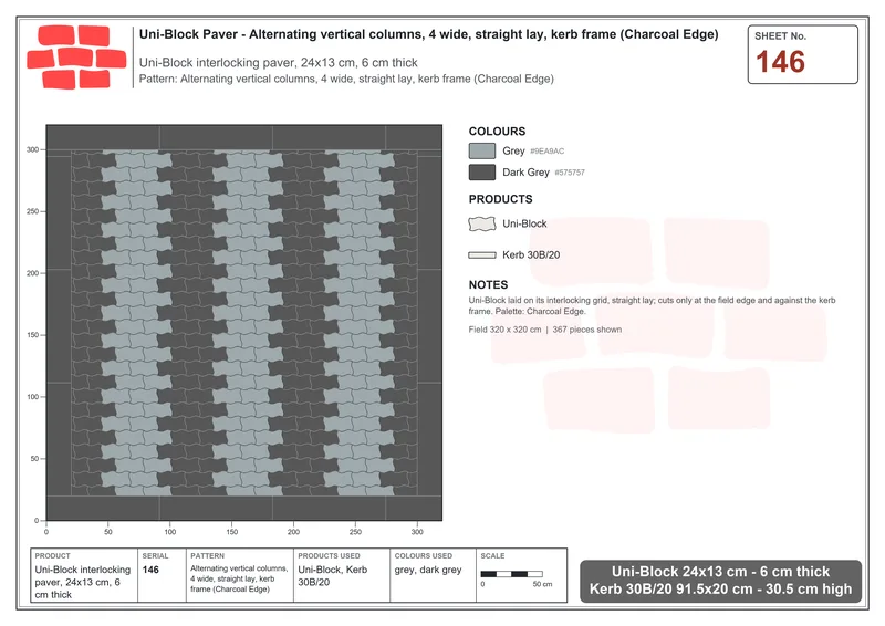 Interlock (Pasco) 24x13 cm · UNI-146 · Alternating vertical columns, 4 wide, straight lay, kerb frame (Charcoal Edge) · Laying plan