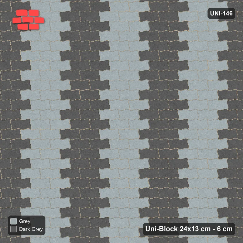 Interlock (Pasco) 24x13 cm · UNI-146 · Alternating vertical columns, 4 wide, straight lay, kerb frame (Charcoal Edge) · Top view Interlock (Pasco) 24x13 cm · UNI-146 · Alternating vertical columns, 4 wide, straight lay, kerb frame (Charcoal Edge) · Top view