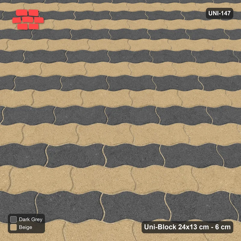 Interlock (Pasco) 24x13 cm · UNI-147 · Alternating counter-diagonal columns, 1 wide, 45-degree lay, kerb frame (Stone & Earth) · Side view Interlock (Pasco) 24x13 cm · UNI-147 · Alternating counter-diagonal columns, 1 wide, 45-degree lay, kerb frame (Stone & Earth) · Side view