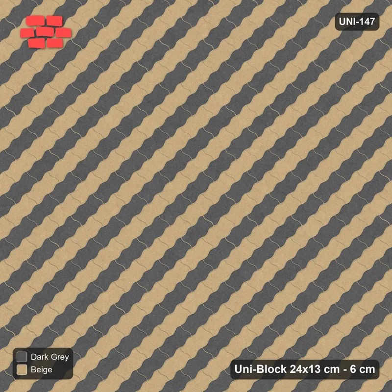 Interlock (Pasco) 24x13 cm · UNI-147 · Alternating counter-diagonal columns, 1 wide, 45-degree lay, kerb frame (Stone & Earth) · Top view Interlock (Pasco) 24x13 cm · UNI-147 · Alternating counter-diagonal columns, 1 wide, 45-degree lay, kerb frame (Stone & Earth) · Top view