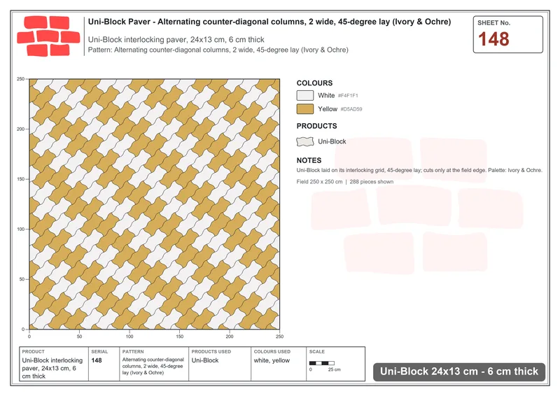 Interlock (Pasco) 24x13 cm · UNI-148 · Alternating counter-diagonal columns, 2 wide, 45-degree lay (Ivory & Ochre) · Laying plan