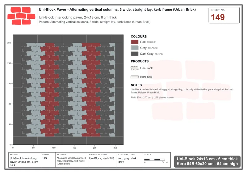 Interlock (Pasco) 24x13 cm · UNI-149 · Alternating vertical columns, 3 wide, straight lay, kerb frame (Urban Brick) · Laying plan